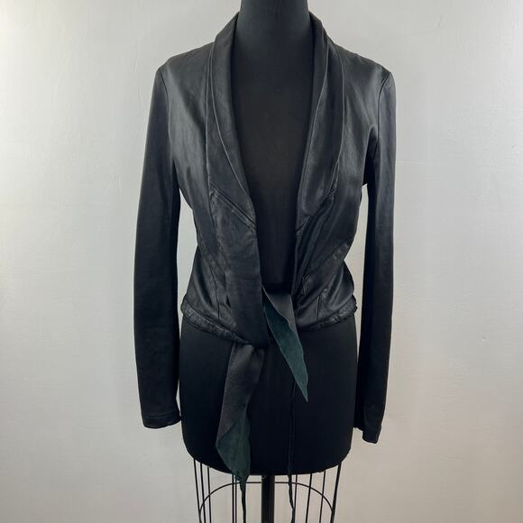 Baileys 44 Black Biker Jacket Leather Cropped Shawl Lapel Open Front Size 8 NEW - Picture 2 of 8